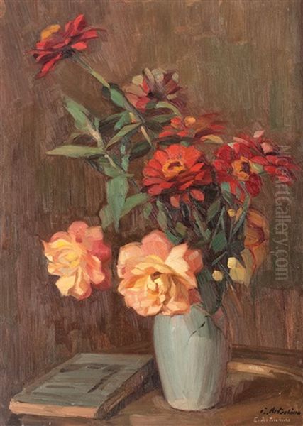 Vase With Roses And Zinnias Oil Painting by Constantin Artachino