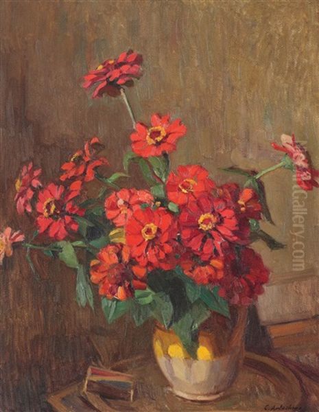 Vase With Zinnia Oil Painting by Constantin Artachino