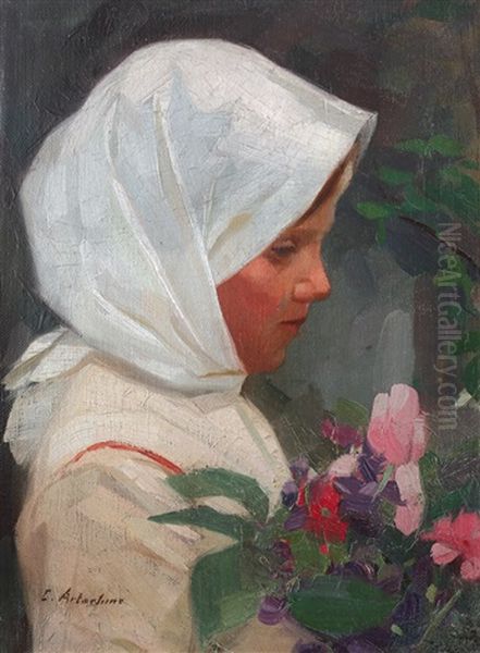 Little Girl With Flowers Oil Painting by Constantin Artachino