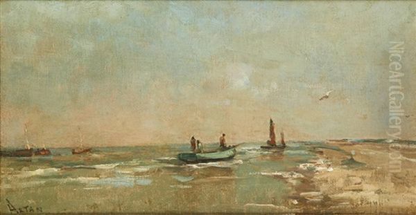 Barque De Peche En Bord De Mer Oil Painting by Louis Artan De Saint-Martin