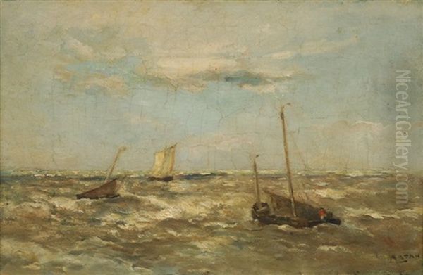 Bateaux De Peche En Mer Oil Painting by Louis Artan De Saint-Martin