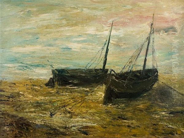 Bateaux De Peche Echoues Sur La Plage Oil Painting by Louis Artan De Saint-Martin