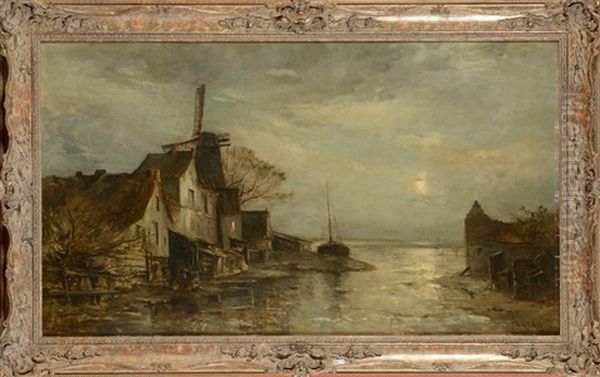 Bord De Mer En Hollande Au Clair De Lune Oil Painting by Louis Artan De Saint-Martin