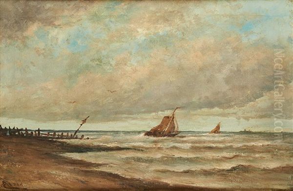 Mer Agitee Et Barques Pres De Lombartzyde Oil Painting by Louis Artan De Saint-Martin