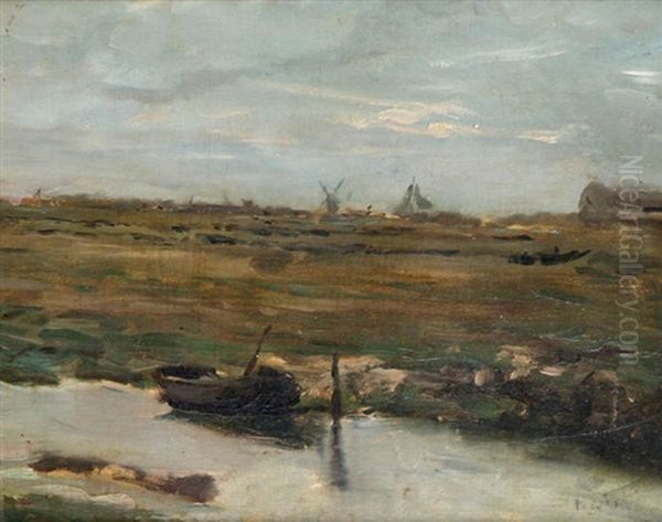 Chaloupe Au Bord De L'eau, Un Moulin A Vent A L'arriere-plan Oil Painting by Louis Artan De Saint-Martin