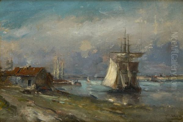 Voilier Dans L'estuaire Oil Painting by Louis Artan De Saint-Martin