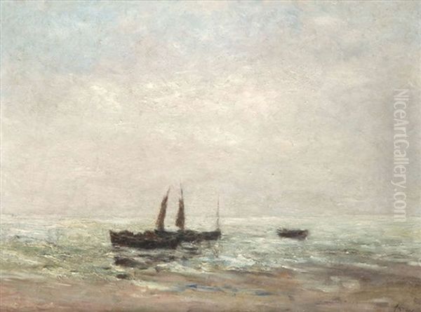 Bateaux De Peche A La Plage Oil Painting by Louis Artan De Saint-Martin