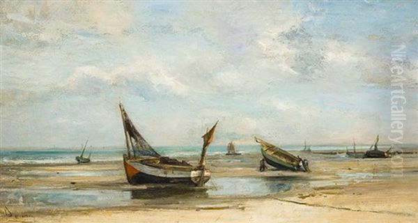 Le Bateaux Echoues Sur La Plage Oil Painting by Louis Artan De Saint-Martin