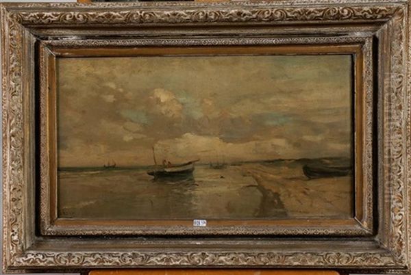 Barques De Peche En Bord De Mer Oil Painting by Louis Artan De Saint-Martin