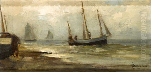 Fishing Boats Offshore In Stormy Weather Oil Painting by Louis Artan De Saint-Martin