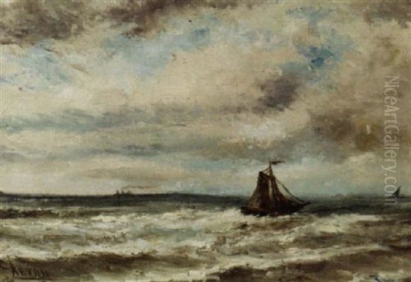 A Sailing Vessel On Choppy Seas Oil Painting by Louis Artan De Saint-Martin