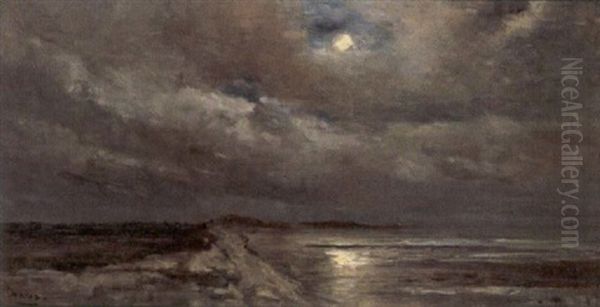 Clair De Lune - Vue Prise Des Ecluses D'heyst Vers Blankenberghe Oil Painting by Louis Artan De Saint-Martin