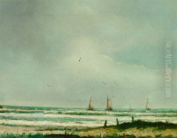 Yachts Off The Coast Oil Painting by Louis Artan De Saint-Martin