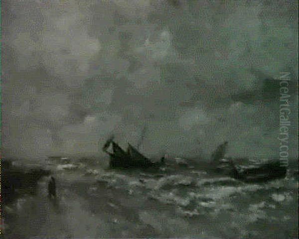 Barques De Peche En Mer Du Nord Oil Painting by Louis Artan De Saint-Martin