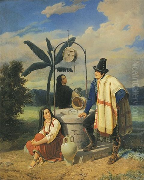 Der Improvisator Am Brunnen. Rezitator Tragt Zwei Bauerinnen Werke Vor Oil Painting by Mathias Artaria