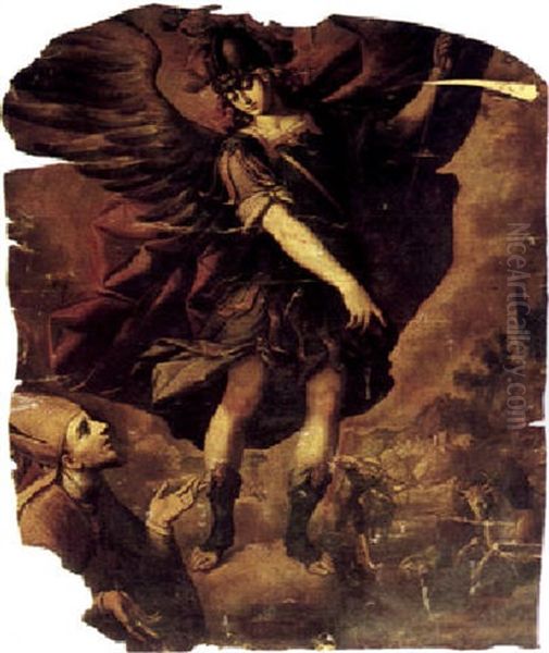 The Archangel Michael Appearing To The Bishop Of Sipontus,  The Shooting Of The Bull On Monte Gargano Beyond Oil Painting by Sebastian De Arteaga