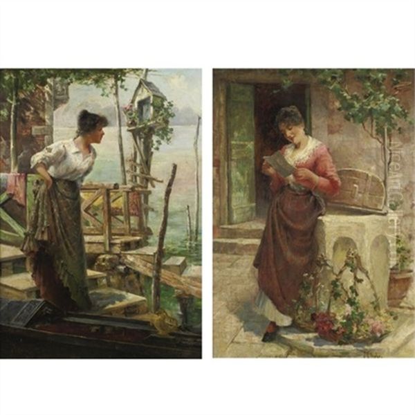 The Love Letter (+ Awaiting His Return; Pair) Oil Painting by Charles John Arter