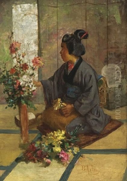 Arranging Flowers Oil Painting by Charles John Arter