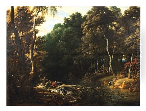 A Wooded Landscape With A Boar Hunt Oil Painting by Jacques d' Arthois