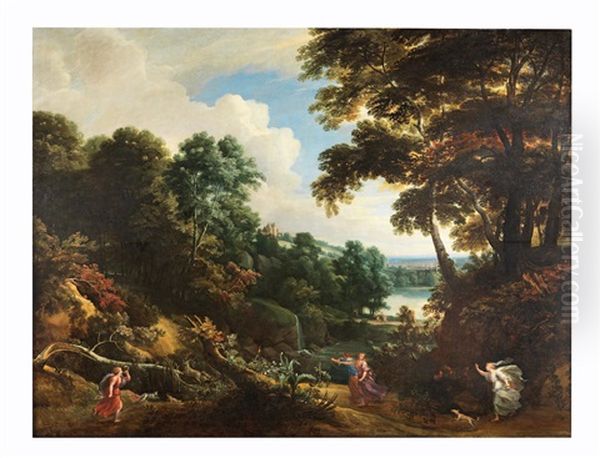 A Wooded Landscape With Diana And Her Nymphs Hunting A Stag Oil Painting by Jacques d' Arthois