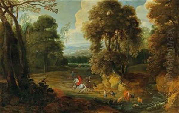 A Wooded Landscape With Horsemen Oil Painting by Jacques d' Arthois