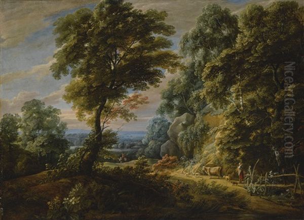 A Wooded Landscape With A Shepherdess Passing A Steep Bank, Probably On The Edge Of The Foret De Soignes Oil Painting by Jacques d' Arthois