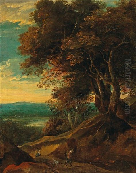 A Hilly, Tree-clustered Landscape With Travellers Oil Painting by Jacques d' Arthois