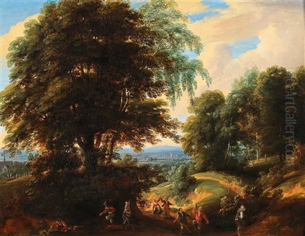 A Wooded Landscape With Villagers Celebrating Oil Painting by Jacques d' Arthois