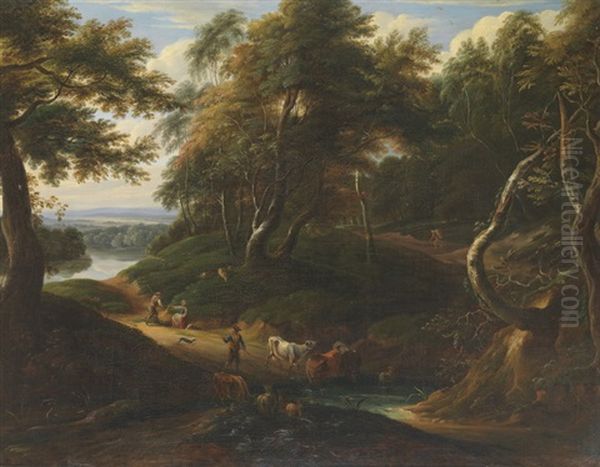 Landschaft Mit Hirte Und Kuhherde Oil Painting by Jacques d' Arthois