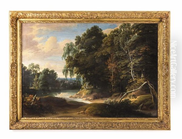 Waldlandschaft Mit Gewasser Und Durchblicken Auf Schloss Und Kirche Mit Personenstaffage Oil Painting by Jacques d' Arthois