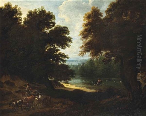 A Wooded River Landscape With A Drover And His Herd On A Track, And A Huntsman Shooting Ducks Oil Painting by Jacques d' Arthois