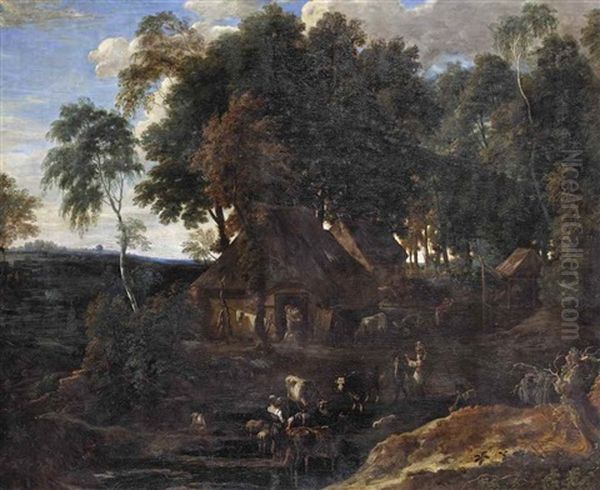 The Forest Of Soignes With Farmhouses, Peasants, Cows And Goats At A Watering Hole Oil Painting by Jacques d' Arthois