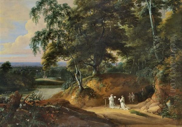 Moines Chartreux En Priere Devant Un Reposoir Et Voyageurs Dans Un Vaste Paysage Oil Painting by Jacques d' Arthois