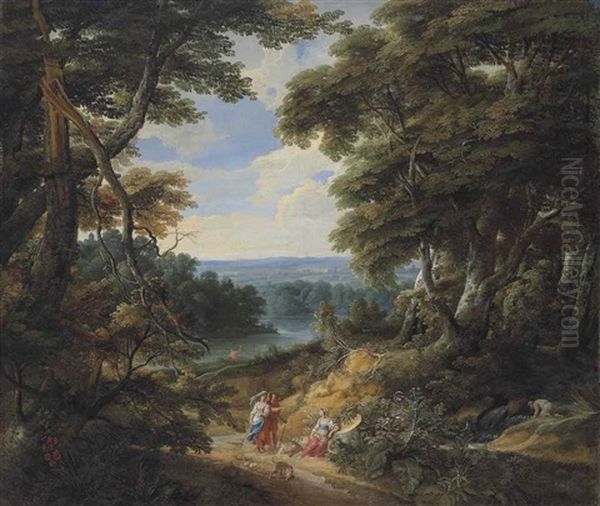 A Wooded Landscape With Figures And A Dog On A Path, With A River And A Castle In The Distance Oil Painting by Jacques d' Arthois