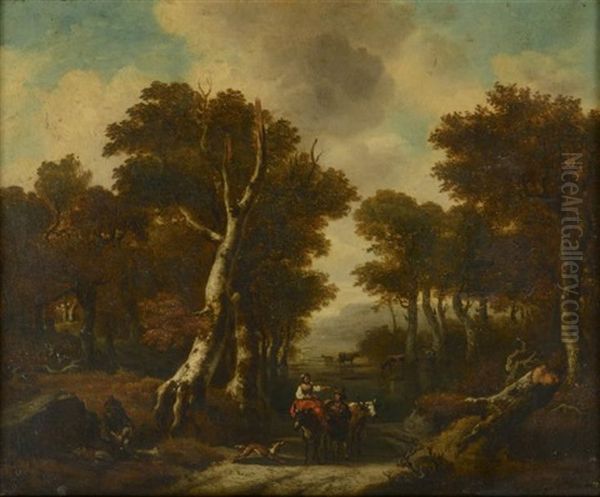 Paysage De Campagne A La Riviere Avec Des Villageois En Chemin Oil Painting by Jacques d' Arthois