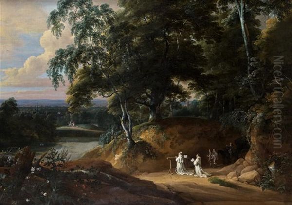 Moines Chartreux En Priere Devant Un Reposoir Dans Un Vaste Paysage Oil Painting by Jacques d' Arthois