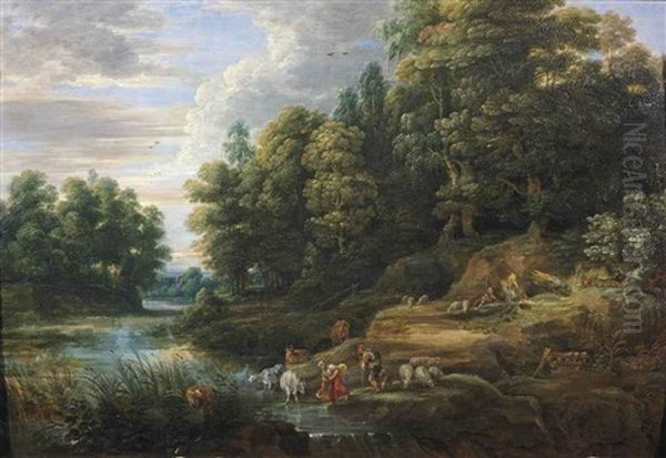 A Wooded River Landscape With Shepherds And Their Flock Resting Oil Painting by Jacques d' Arthois