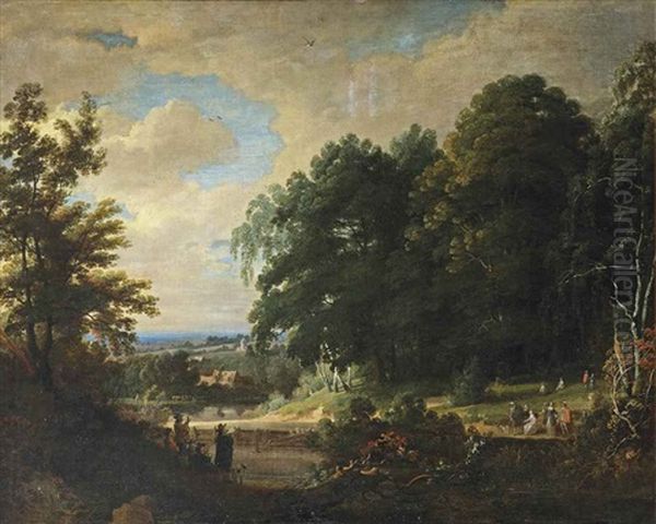 A Forest Landscape With Figures Making Music And Singing To An Elegant Company, A Village Beyond Oil Painting by Jacques d' Arthois