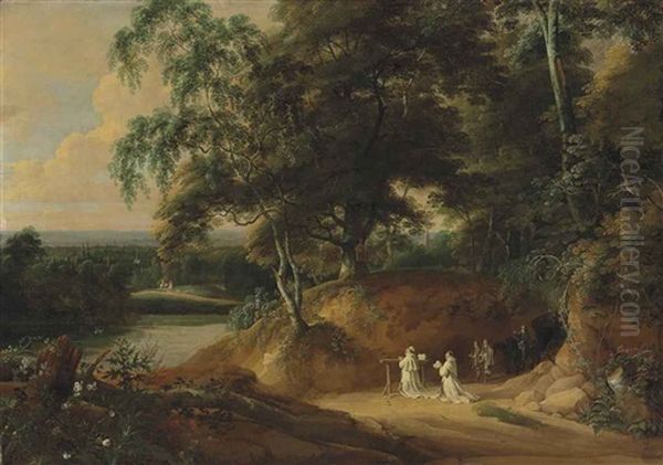 An Extensive Wooded Landscape With Carthusian Monks Praying In The Foreground Oil Painting by Jacques d' Arthois