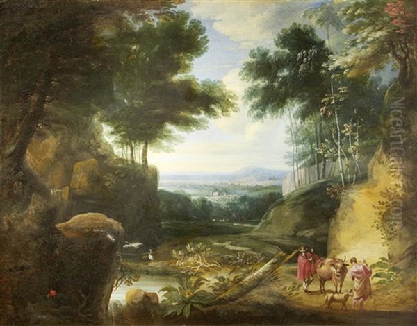 Figures And Cattle On A Track In A Wooded Landscape, With Heron By A Pond Oil Painting by Jacques d' Arthois