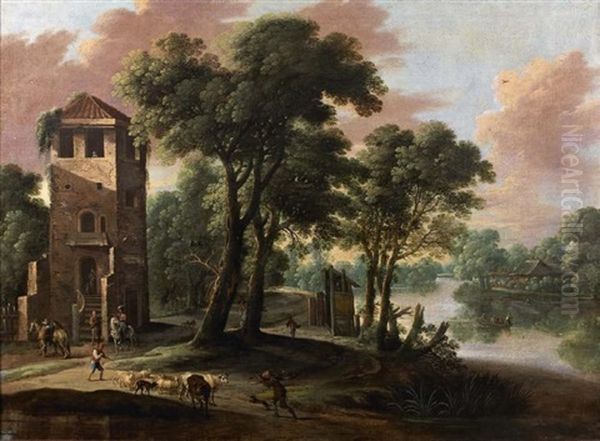 Paysage Avec Des Cavaliers Au Pied D'une Tour Oil Painting by Jacques d' Arthois