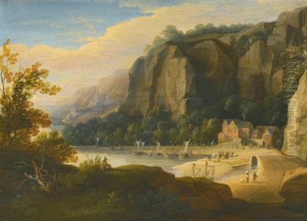 A Rocky Cove With Fisherfolk On The Shore, An Artist Sketching In The Foreground Oil Painting by Jacques d' Arthois