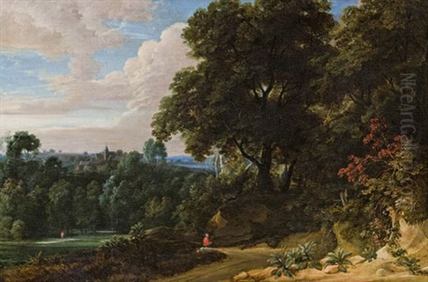 Bewaldete Hugelige Landschaft Mit Einem Rastenden Reisenden Und Einer Abtei Im Hintergrund Oil Painting by Jacques d' Arthois