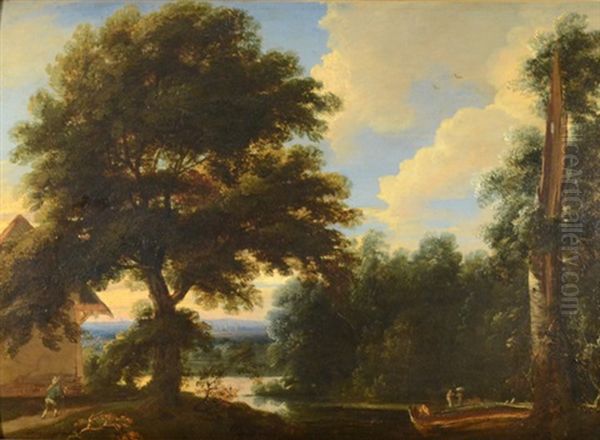 Wooded Landscape With Pond And Figures Oil Painting by Jacques d' Arthois