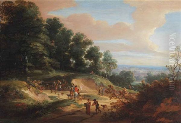 A Wooded Hillside With Travellers Passing A Hunting Party Oil Painting by Jacques d' Arthois