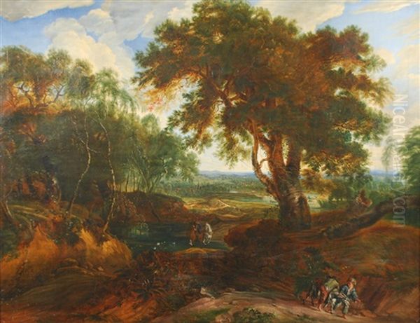 Personnages Traversant Un Paysage Boise Oil Painting by Jacques d' Arthois