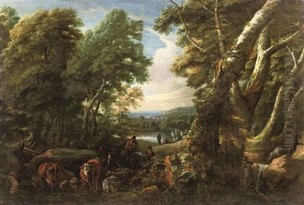 A Wooded Landscape With Shepherds And Cattle Resting Near A Lake Oil Painting by Jacques d' Arthois