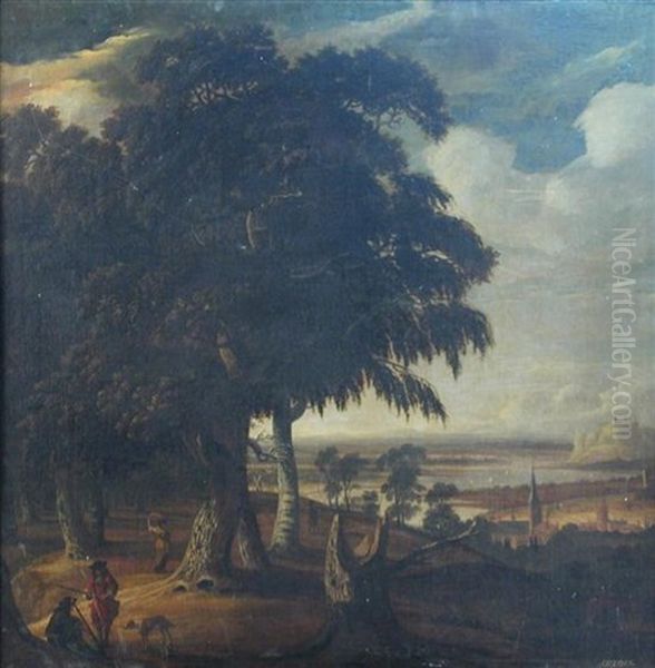 Autumn - With Sportsmen And A Hound In A Landscape Oil Painting by Jacques d' Arthois