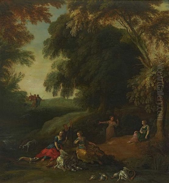 Diana Mit Ihren Gefahrtinnen Und Jagdhunden Bei Der Rast In Waldlandschaft Oil Painting by Jacques d' Arthois