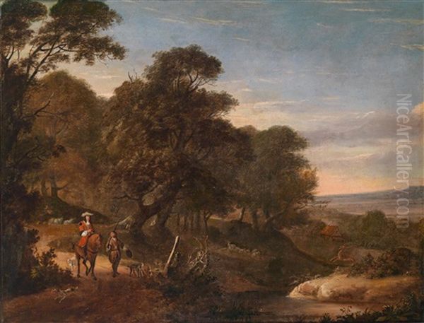 Bewaldete Landschaft Mit Einem Reiter, Seinem Jagdgehilfen Mit Hunden Oil Painting by Jacques d' Arthois